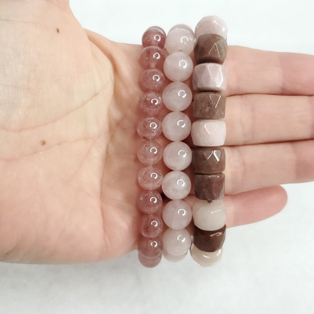 Polished Stone Bracelets Stretch Pink Rose Strawberry Quartz Lot of 3 6-6.5" - Picture 4 of 8